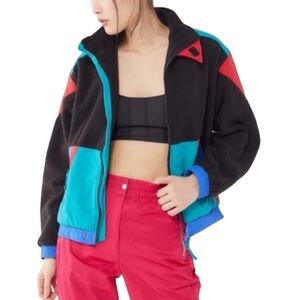 Urban Outfitters Black Retro Vintage Color Block Fleece Zip Up Jacket Medium